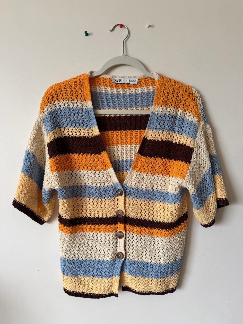 Zara Striped Crochet Button Cardigan in Yellow, Blue, Cream, Brown
